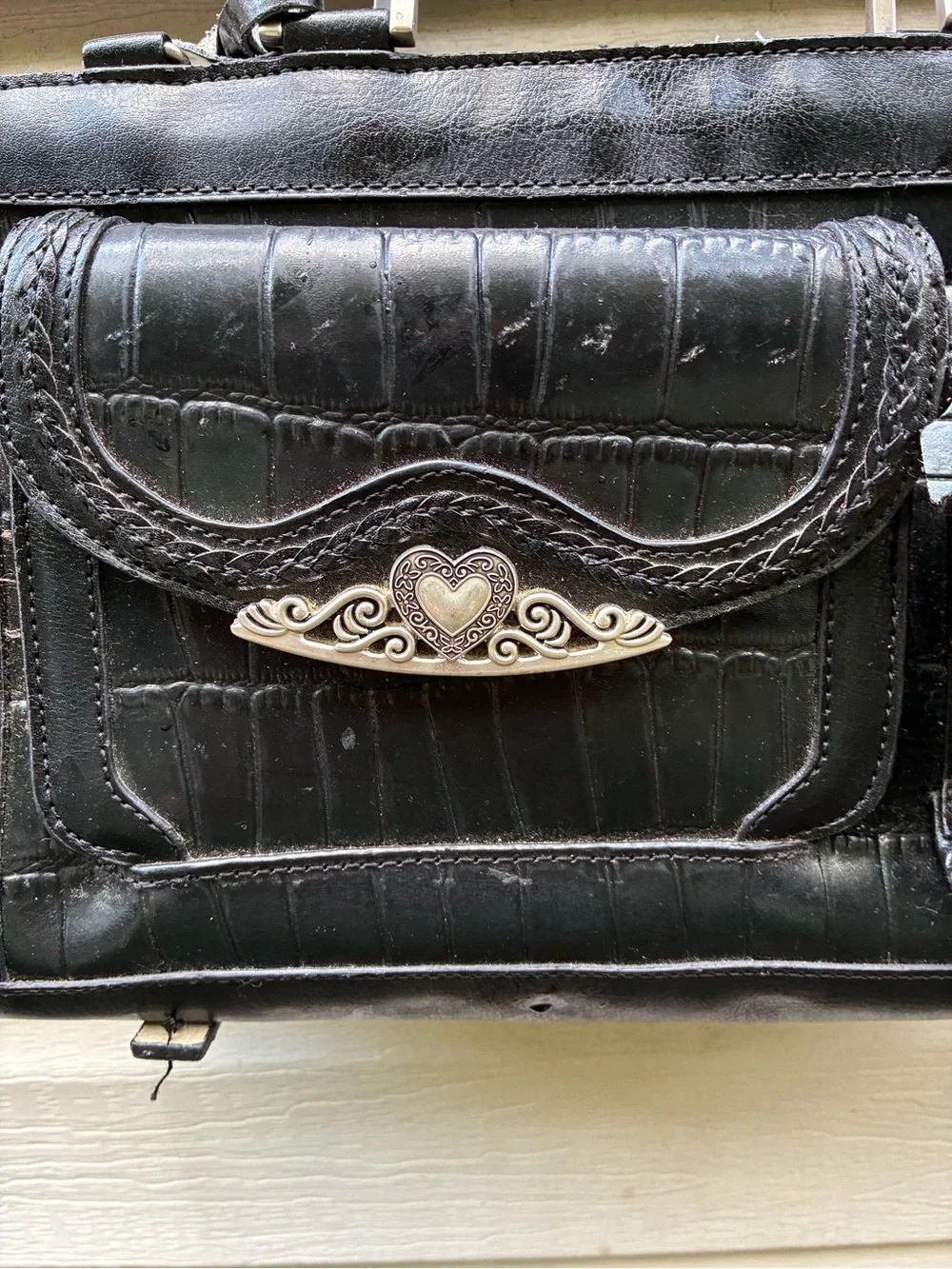 Black Structured Croc-Embossed Men’s Briefcase with Heart Accent